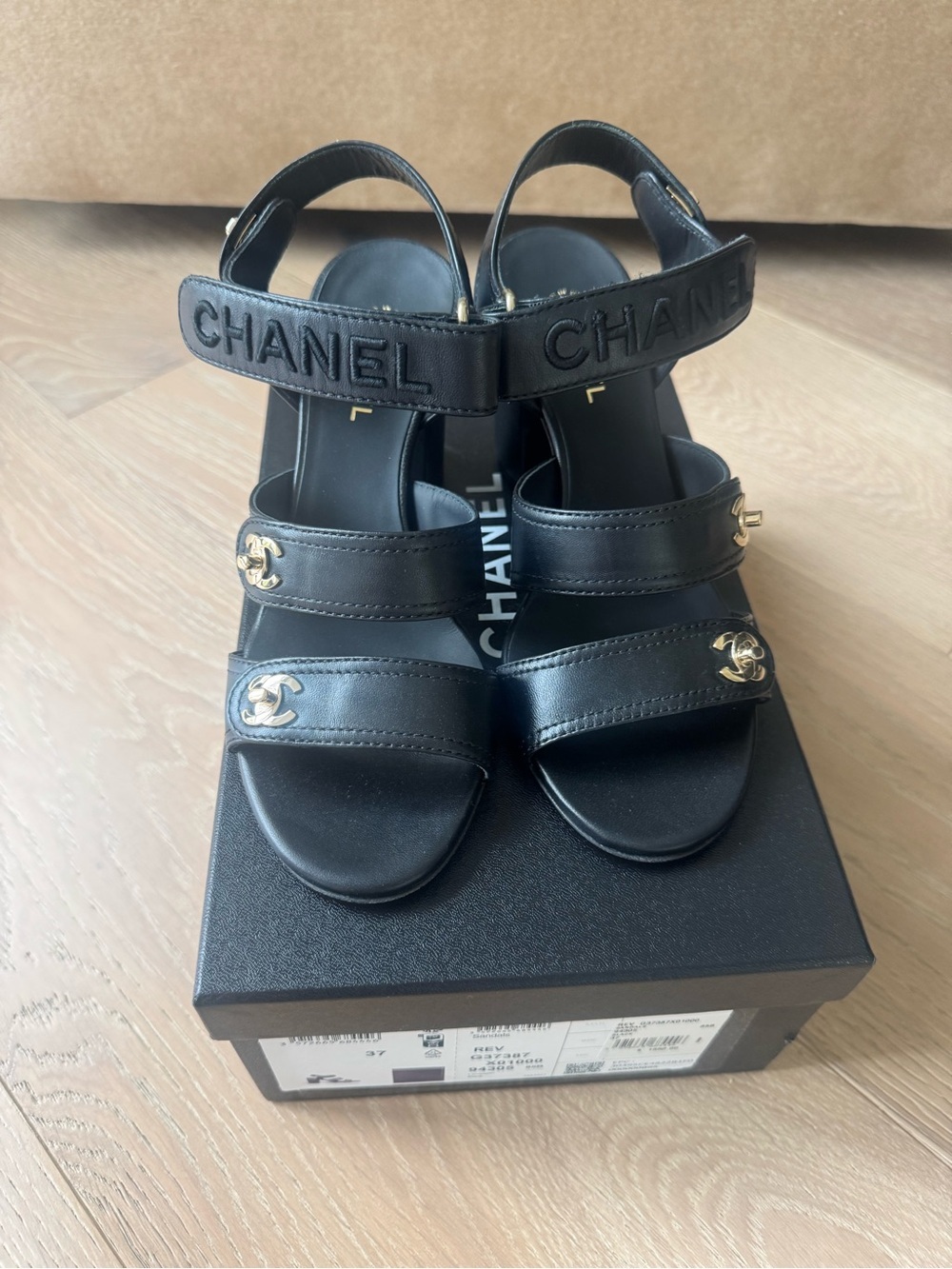 CHANEL Black Leather Block Heel Sandals with Gold CC Logos - Picture 4 of 8
